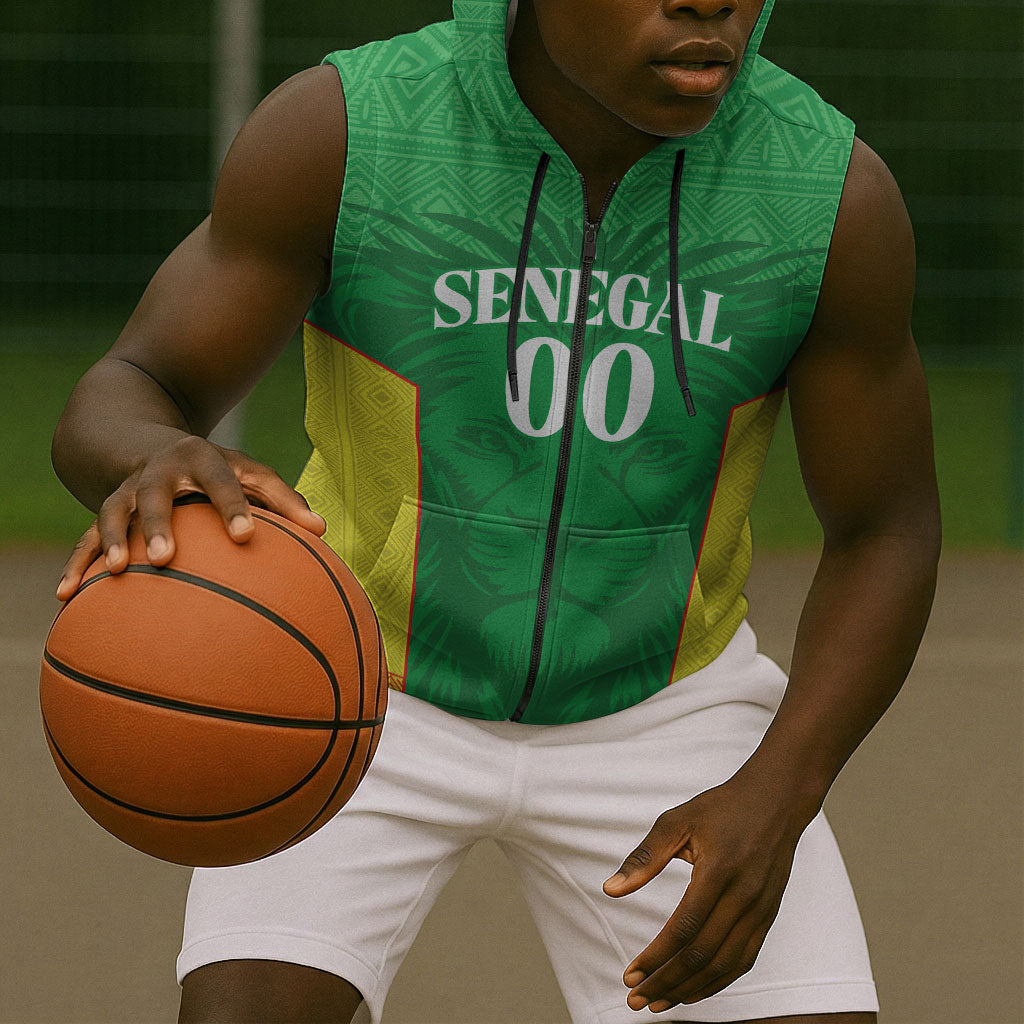 Senegal Basketball 2026 Custom Sleeveless Zip Hoodie Come On Lions African Pattern