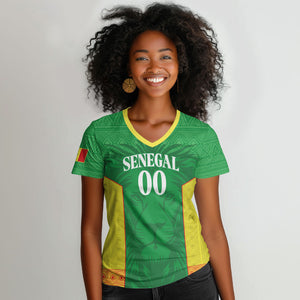 Senegal Basketball 2026 Custom Women V-Neck T-Shirt Come On Lions African Pattern