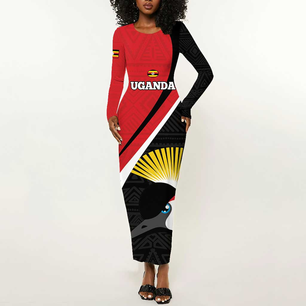 Afro Uganda Rugby Custom Long Sleeve Bodycon Dress Go Cranes - African Pattern