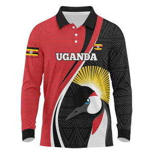 Afro Uganda Rugby Custom Long Sleeve Polo Shirt Go Cranes - African Pattern