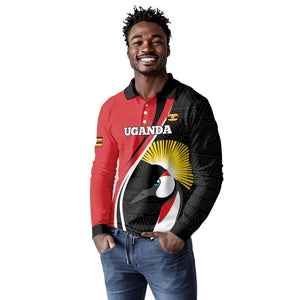 Afro Uganda Rugby Custom Long Sleeve Polo Shirt Go Cranes - African Pattern