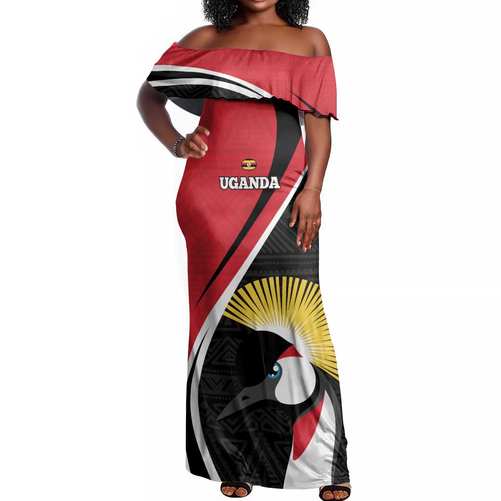 Afro Uganda Rugby Custom Off Shoulder Maxi Dress Go Cranes - African Pattern