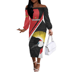 Afro Uganda Rugby Custom Off The Shoulder Long Sleeve Dress Go Cranes - African Pattern