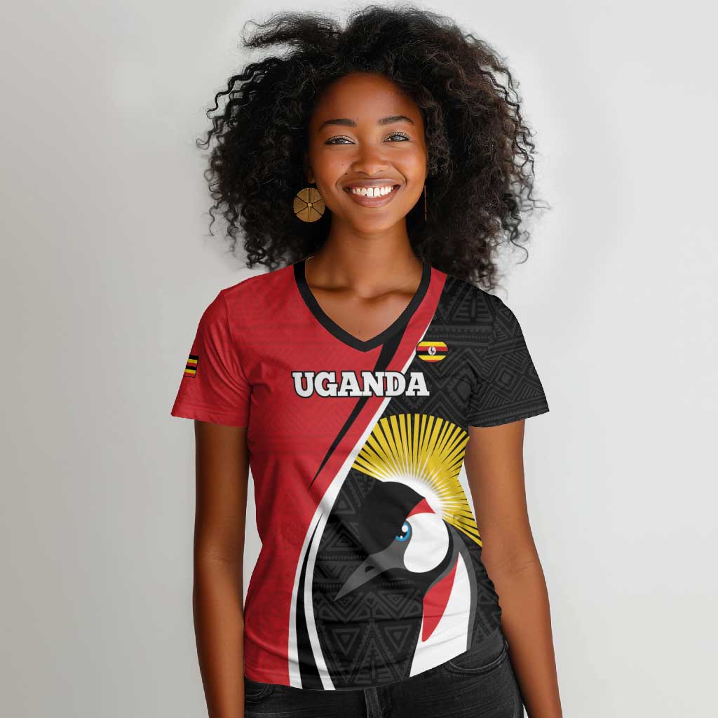 Afro Uganda Rugby Custom Women V-Neck T-Shirt Go Cranes - African Pattern