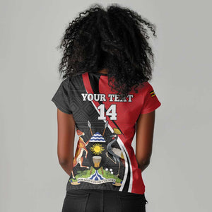 Afro Uganda Rugby Custom Women V-Neck T-Shirt Go Cranes - African Pattern