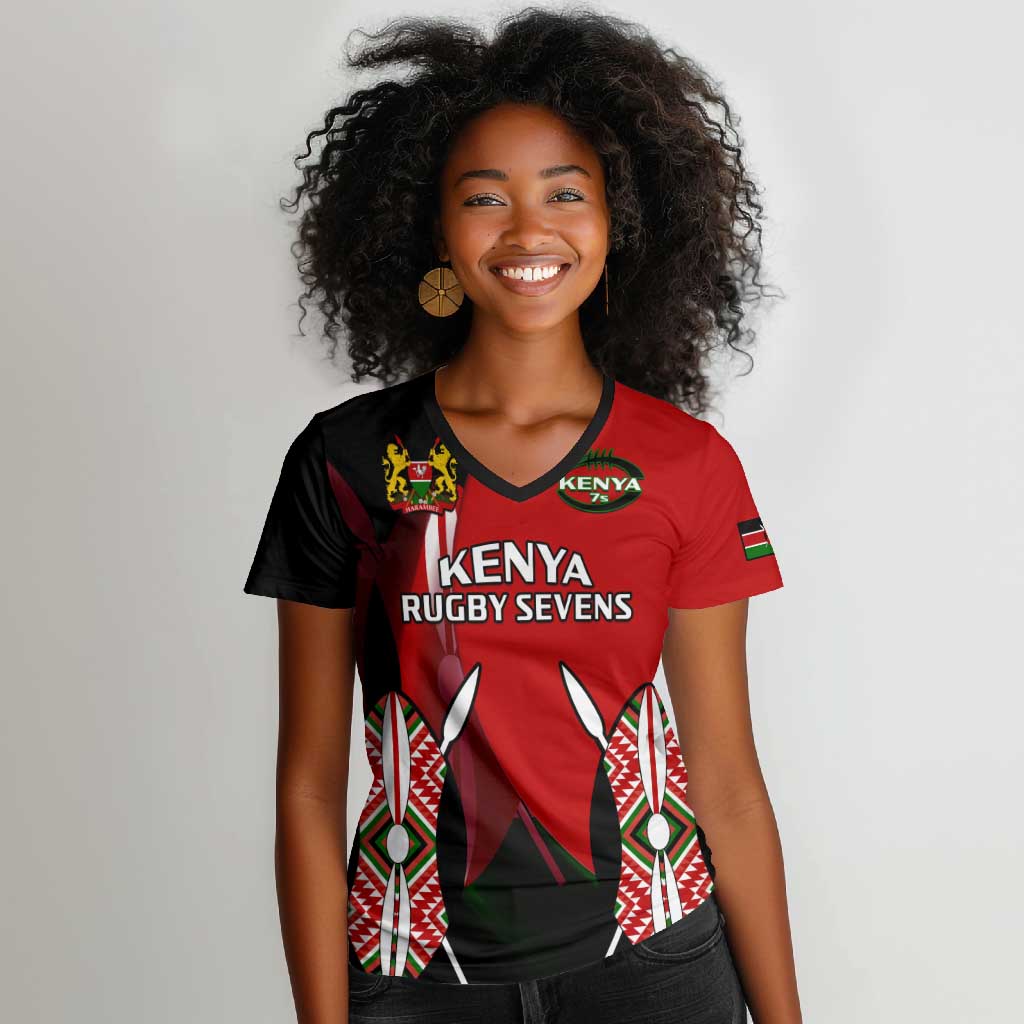 Custom Kenya Rugby Sevens Kenyan Sporty Version Women V-Neck T-Shirt