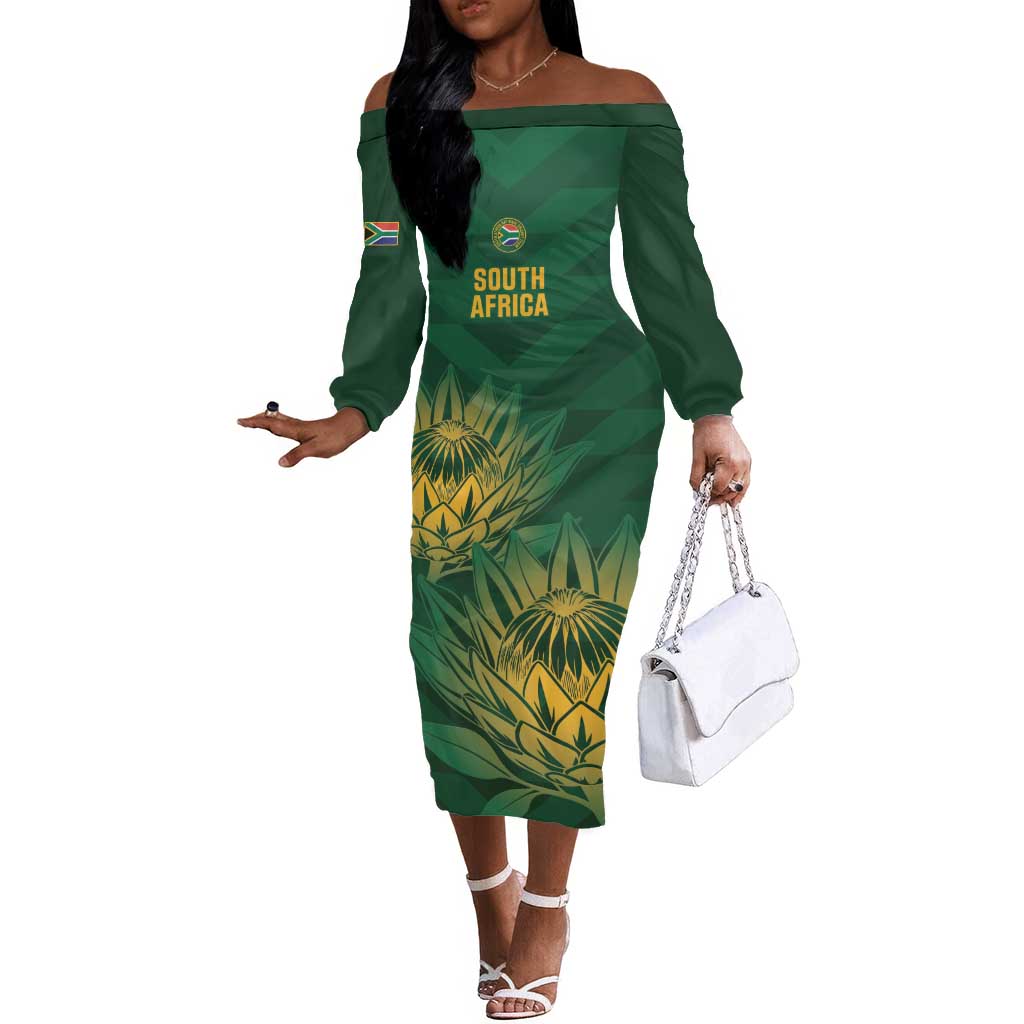 Custom South Africa Cricket Off The Shoulder Long Sleeve Dress Go Champions Proteas