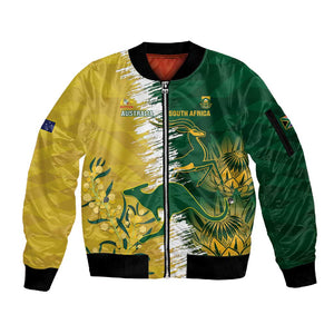 Custom South Africa And Australia Sleeve Zip Bomber Jacket Aussies Proteas Together - Cricket Style