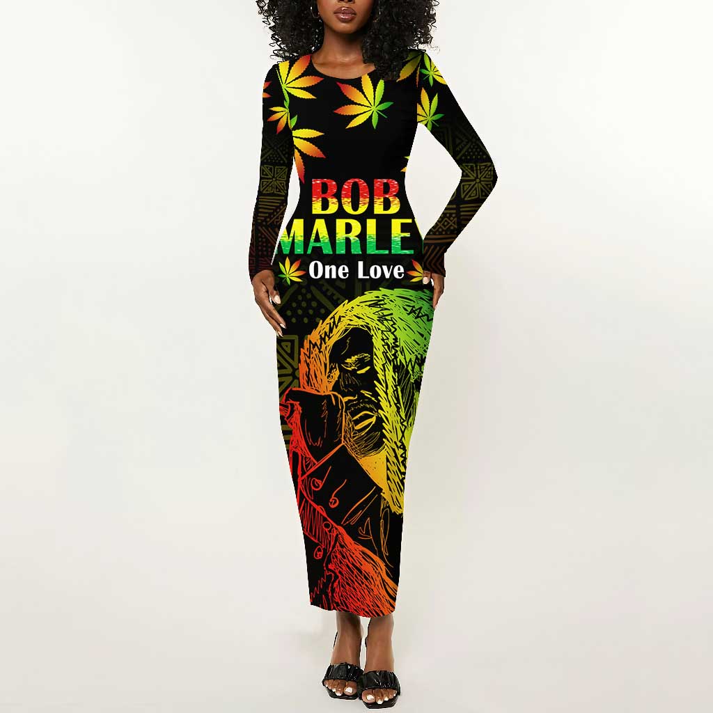 Afro Jamaica Legend Bob Day Long Sleeve Bodycon Dress One Love Jamaican Reggae African Pattern