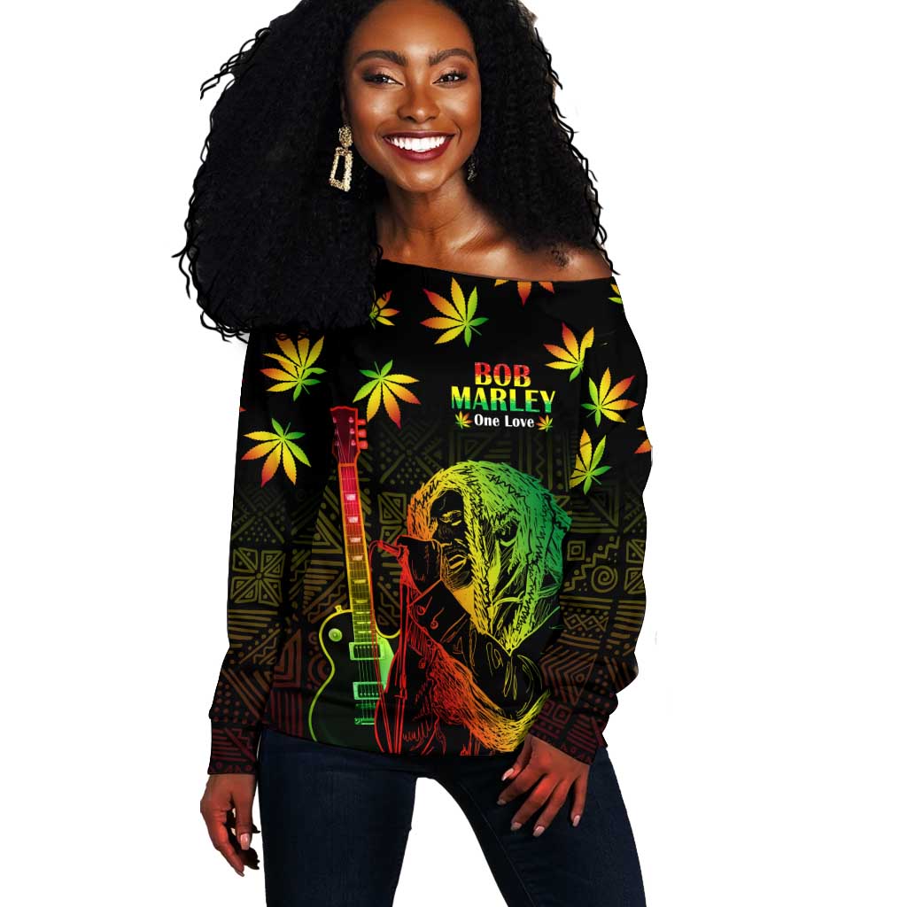 Afro Jamaica Legend Bob Day Off Shoulder Sweater One Love Jamaican Reggae African Pattern