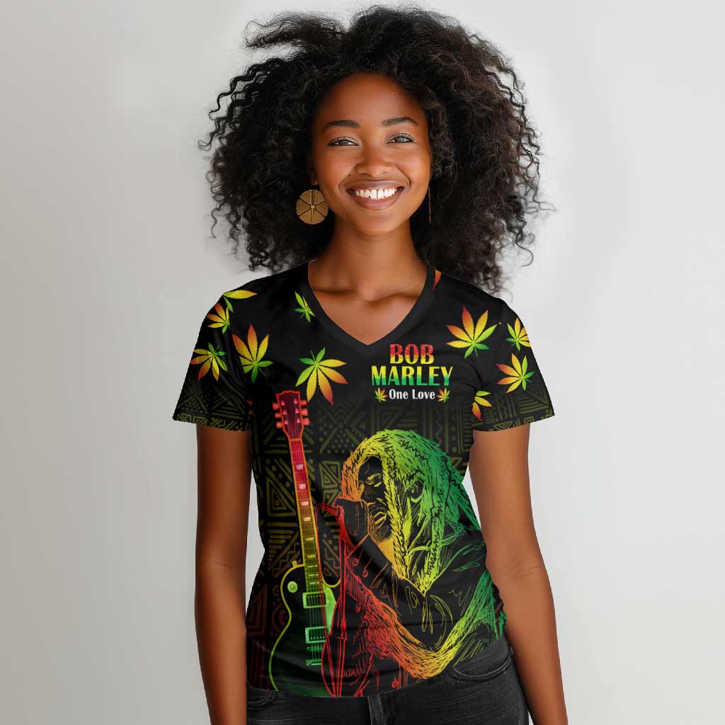 Afro Jamaica Legend Bob Day Women V-Neck T-Shirt One Love Jamaican Reggae African Pattern