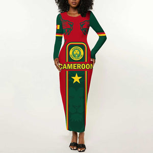 Custom Cameroon Football Long Sleeve Bodycon Dress 2024 African Nations Go Champions Lion Style