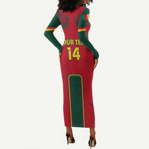 Custom Cameroon Football Long Sleeve Bodycon Dress 2024 African Nations Go Champions Lion Style