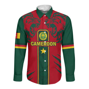 Custom Cameroon Football Long Sleeve Button Shirt 2024 African Nations Go Champions Lion Style