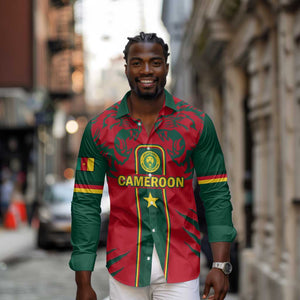 Custom Cameroon Football Long Sleeve Button Shirt 2024 African Nations Go Champions Lion Style