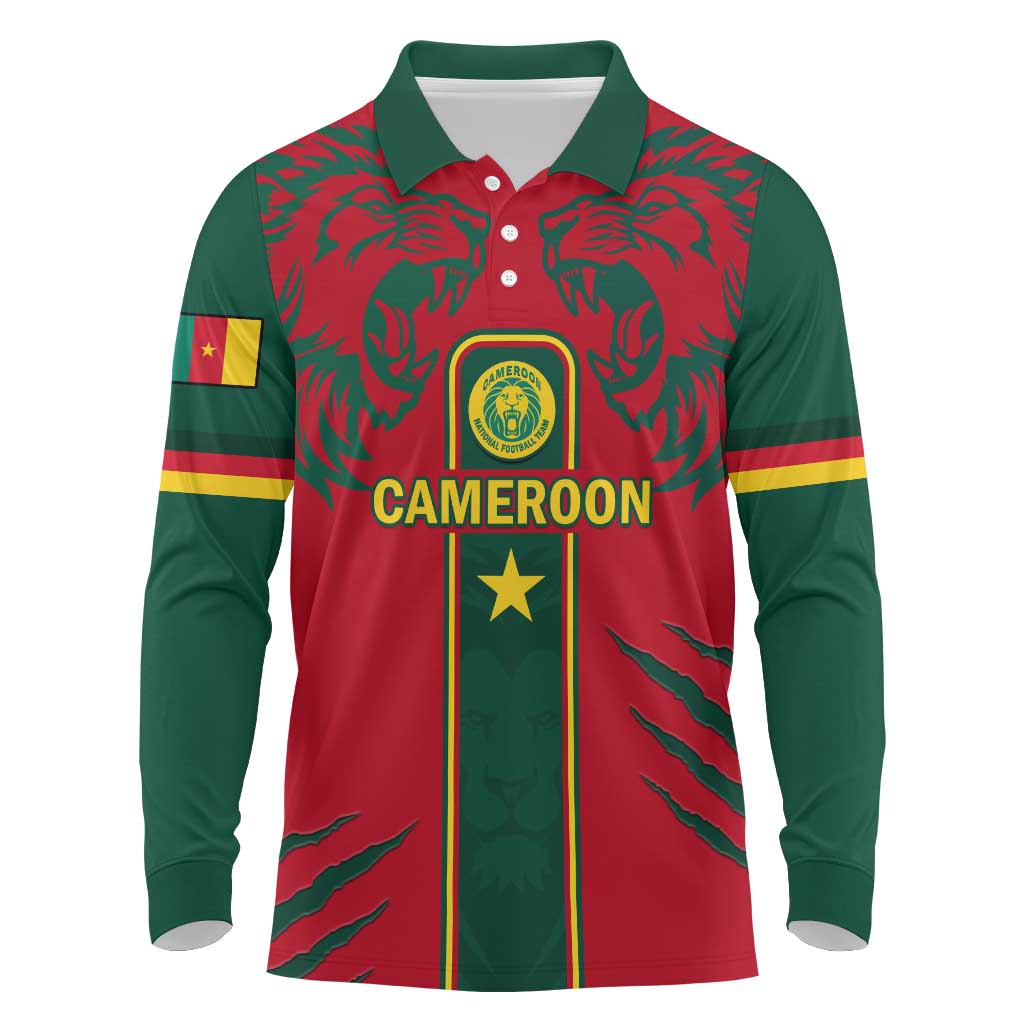 Custom Cameroon Football Long Sleeve Polo Shirt 2024 African Nations Go Champions Lion Style