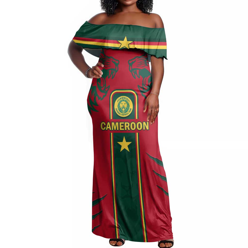 Custom Cameroon Football Off Shoulder Maxi Dress 2024 African Nations Go Champions Lion Style