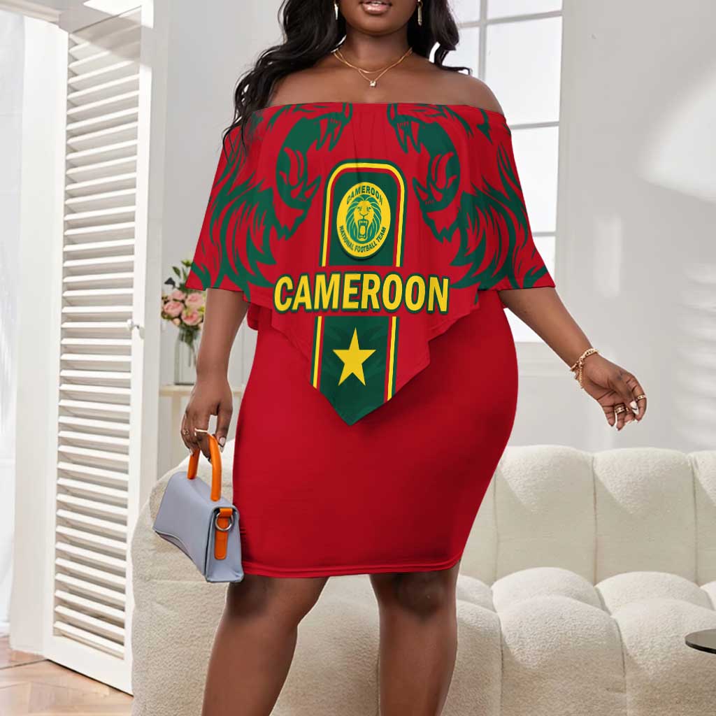 Custom Cameroon Football Off Shoulder Short Dress 2024 African Nations Go Champions Lion Style LT14