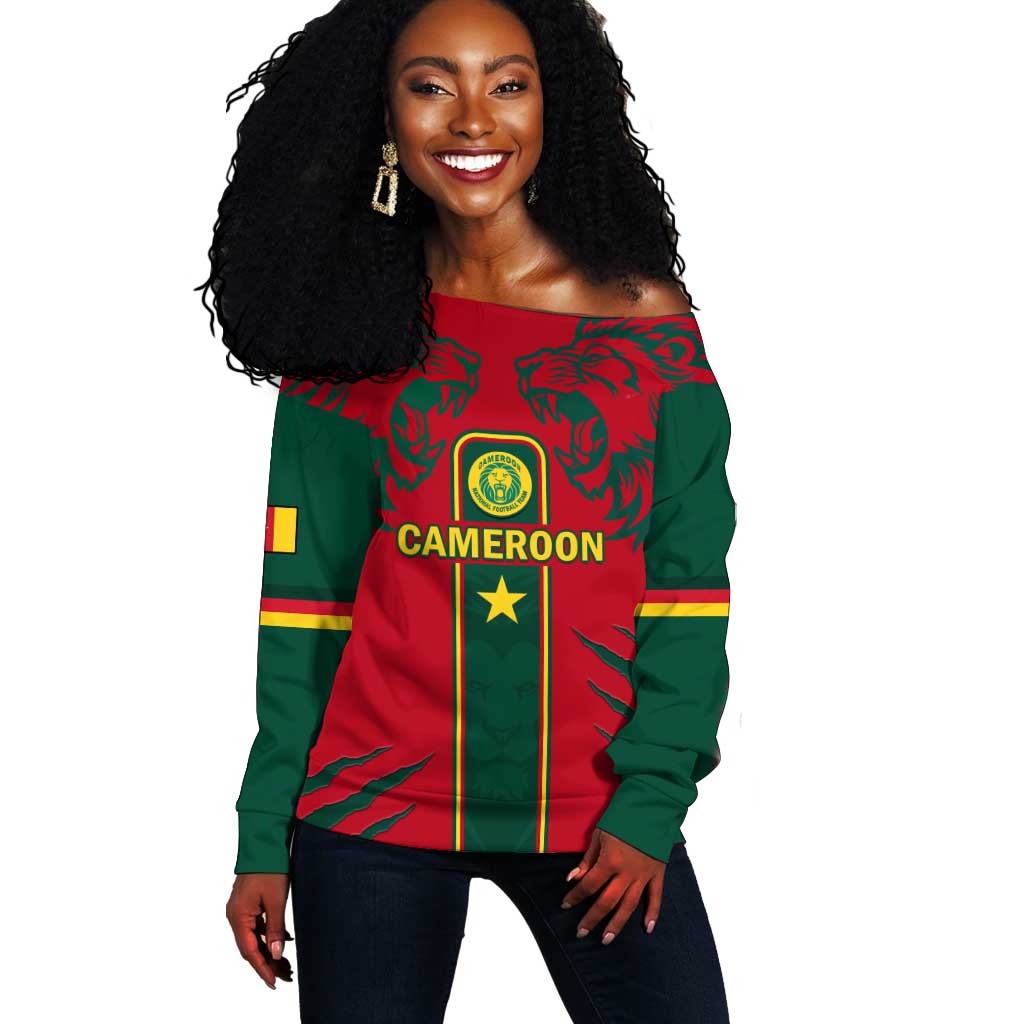 Custom Cameroon Football Off Shoulder Sweater 2024 African Nations Go Champions Lion Style