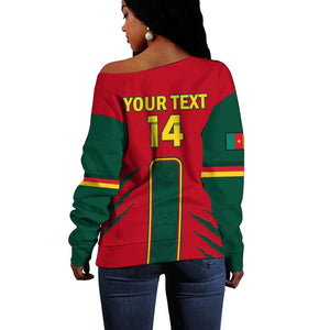 Custom Cameroon Football Off Shoulder Sweater 2024 African Nations Go Champions Lion Style