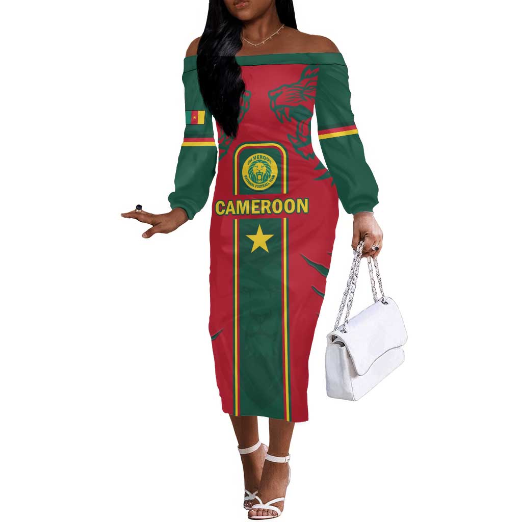 Custom Cameroon Football Off The Shoulder Long Sleeve Dress 2024 African Nations Go Champions Lion Style