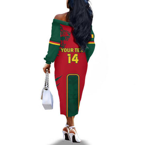 Custom Cameroon Football Off The Shoulder Long Sleeve Dress 2024 African Nations Go Champions Lion Style