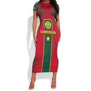 Custom Cameroon Football Short Sleeve Bodycon Dress 2024 African Nations Go Champions Lion Style