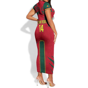 Custom Cameroon Football Short Sleeve Bodycon Dress 2024 African Nations Go Champions Lion Style