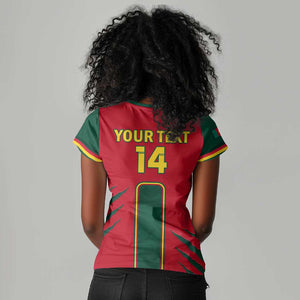 Custom Cameroon Football Women V-Neck T-Shirt 2024 African Nations Go Champions Lion Style