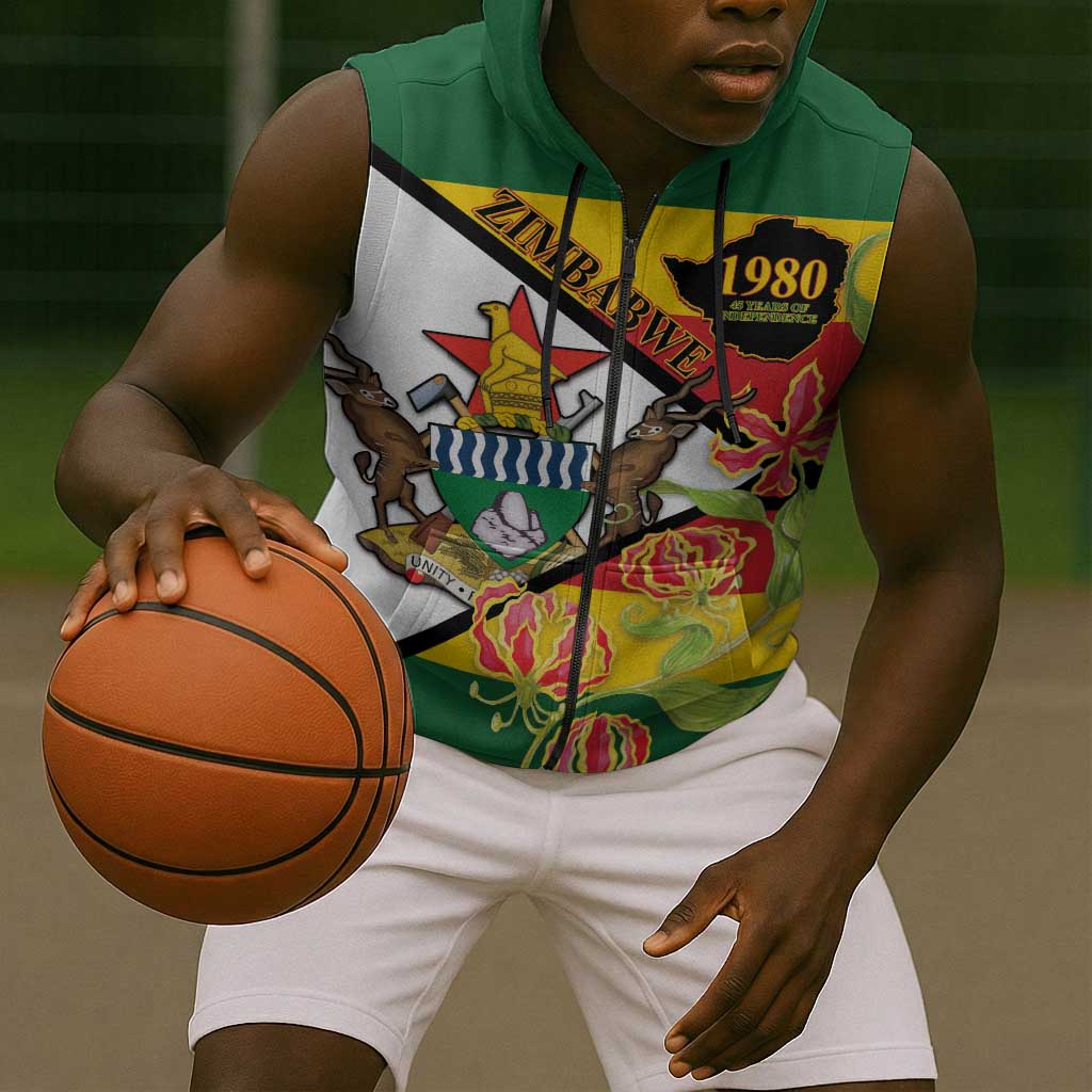 Nyika yeZimbabwe Sleeveless Zip Hoodie Happy Independence Day - Flame Lily Flowers - African Pride