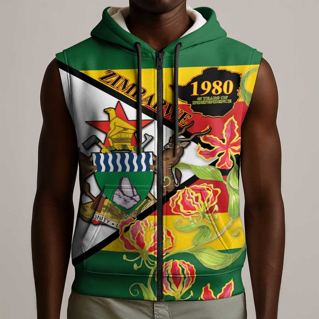 Nyika yeZimbabwe Sleeveless Zip Hoodie Happy Independence Day - Flame Lily Flowers - African Pride