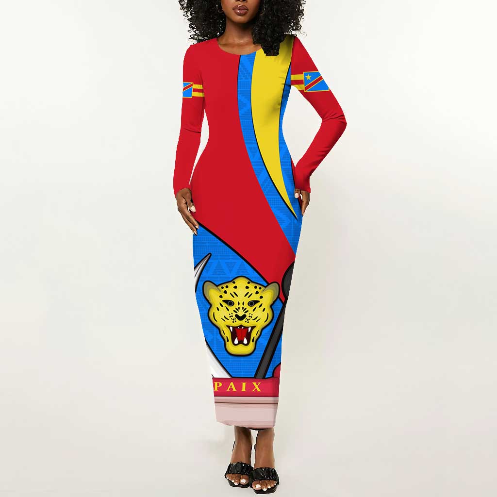 Personalised Democratic Republic of the Congo Independence Day Long Sleeve Bodycon Dress Coat Of Arms Happy 30 June