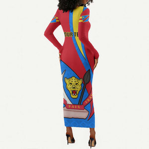 Personalised Democratic Republic of the Congo Independence Day Long Sleeve Bodycon Dress Coat Of Arms Happy 30 June