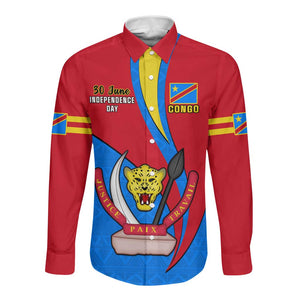 Personalised Democratic Republic of the Congo Independence Day Long Sleeve Button Shirt Coat Of Arms Happy 30 June