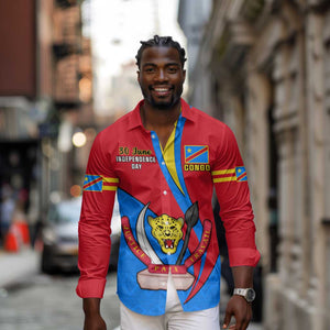 Personalised Democratic Republic of the Congo Independence Day Long Sleeve Button Shirt Coat Of Arms Happy 30 June