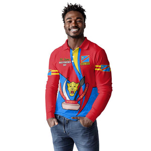 Personalised Democratic Republic of the Congo Independence Day Long Sleeve Polo Shirt Coat Of Arms Happy 30 June