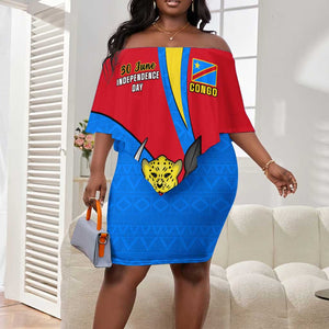 Personalised Democratic Republic of the Congo Independence Day Off Shoulder Short Dress Coat Of Arms Happy 30 June