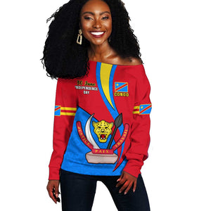 Personalised Democratic Republic of the Congo Independence Day Off Shoulder Sweater Coat Of Arms Happy 30 June