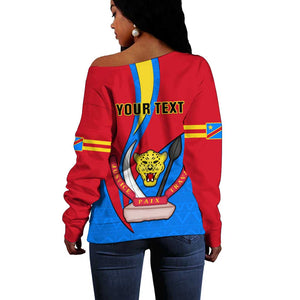 Personalised Democratic Republic of the Congo Independence Day Off Shoulder Sweater Coat Of Arms Happy 30 June