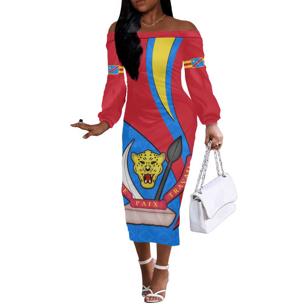 Personalised Democratic Republic of the Congo Independence Day Off The Shoulder Long Sleeve Dress Coat Of Arms Happy 30 June