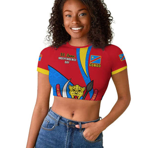 Personalised Democratic Republic of the Congo Independence Day Raglan Cropped T shirt Coat Of Arms Happy 30 June