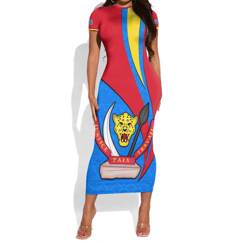 Personalised Democratic Republic of the Congo Independence Day Short Sleeve Bodycon Dress Coat Of Arms Happy 30 June LT14