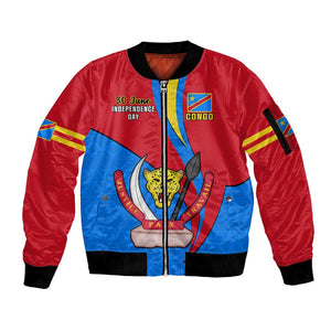 Personalised Democratic Republic of the Congo Independence Day Sleeve Zip Bomber Jacket Coat Of Arms Happy 30 June