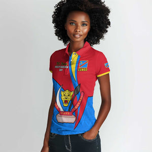 Personalised Democratic Republic of the Congo Independence Day Women Polo Shirt Coat Of Arms Happy 30 June