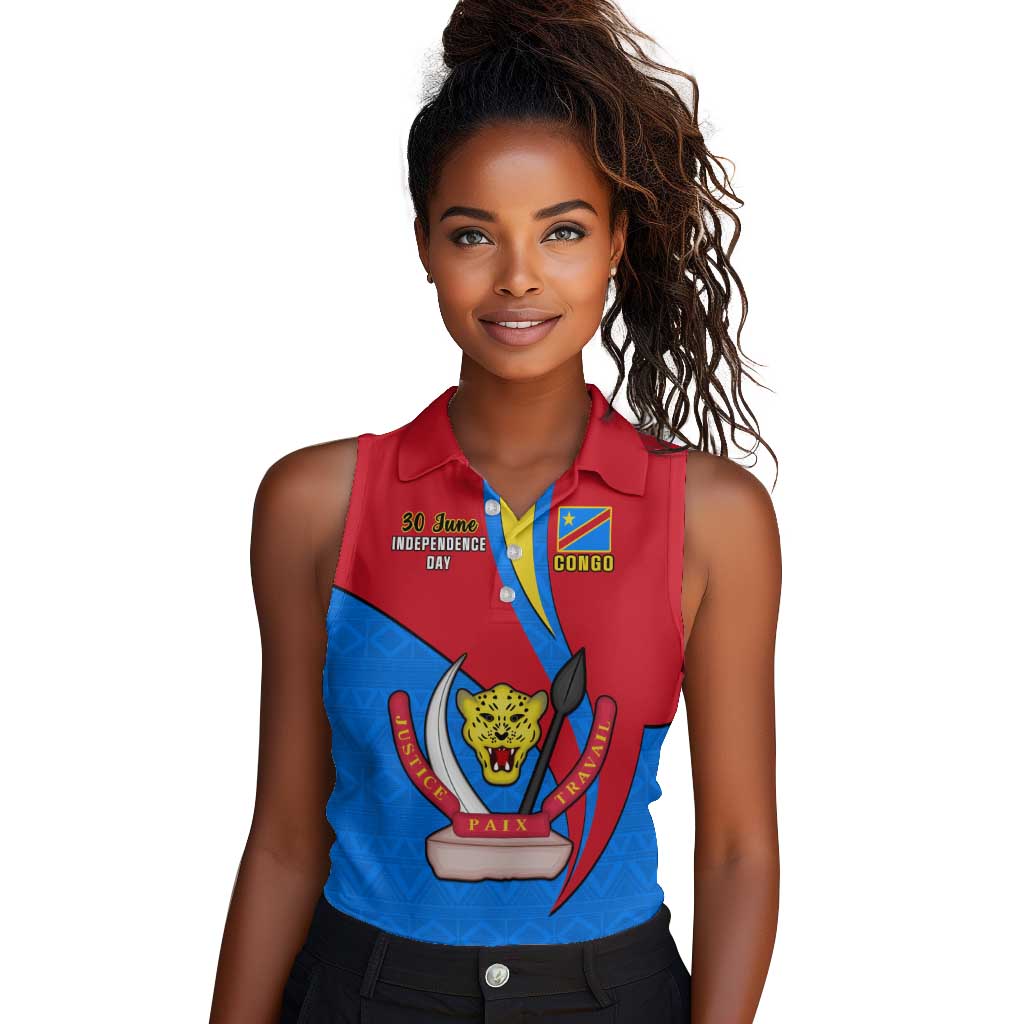 Personalised Democratic Republic of the Congo Independence Day Women Sleeveless Polo Shirt Coat Of Arms Happy 30 June