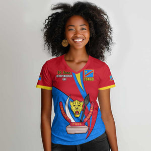 Personalised Democratic Republic of the Congo Independence Day Women V-Neck T-Shirt Coat Of Arms Happy 30 June