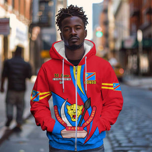 Personalised Democratic Republic of the Congo Independence Day Zip Hoodie Coat Of Arms Happy 30 June