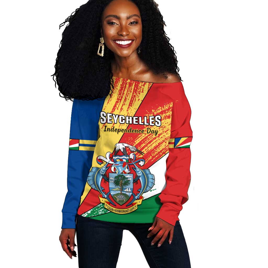 29 June Seychelles Independence Day Off Shoulder Sweater Flag Style