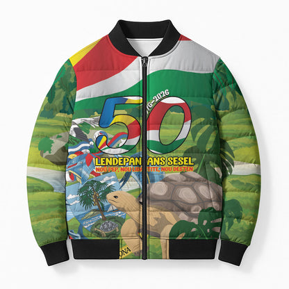 Seychelles National Day Personalized Bomber Puffer Jacket 50 Years Anniversary Lendepandans Sesel
