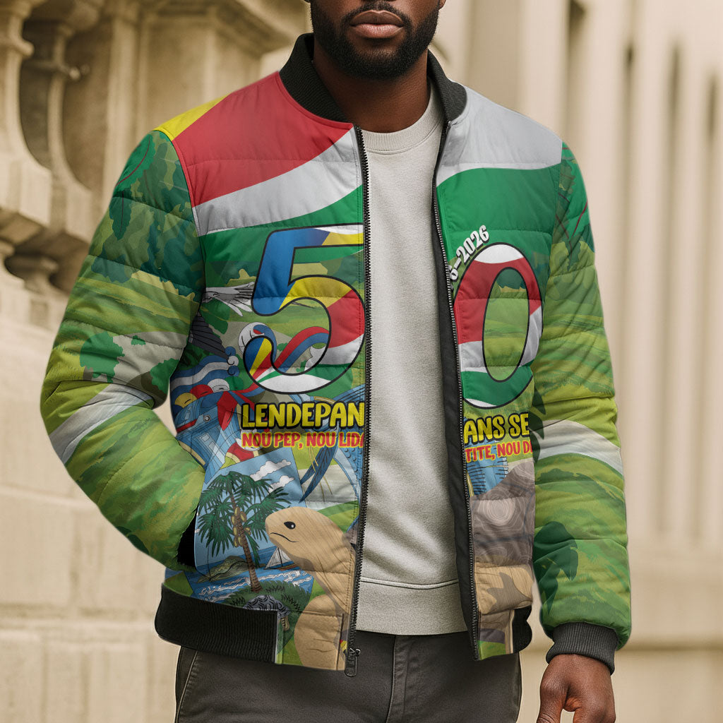 Seychelles National Day Personalized Bomber Puffer Jacket 50 Years Anniversary Lendepandans Sesel